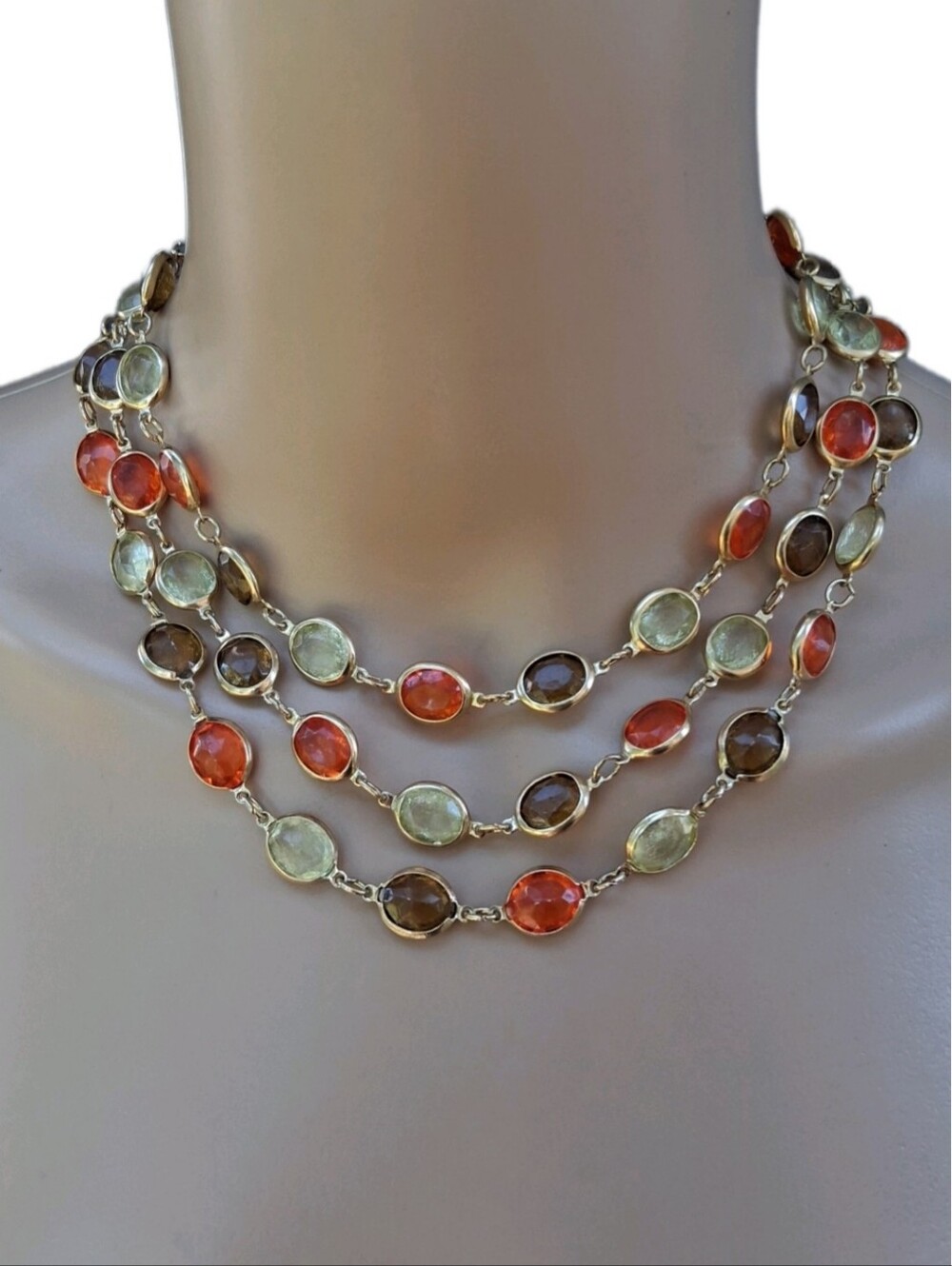Vintage Coro Triple Strand Autumn Bib Necklace - Mixed Media Stones - 1950s/60s